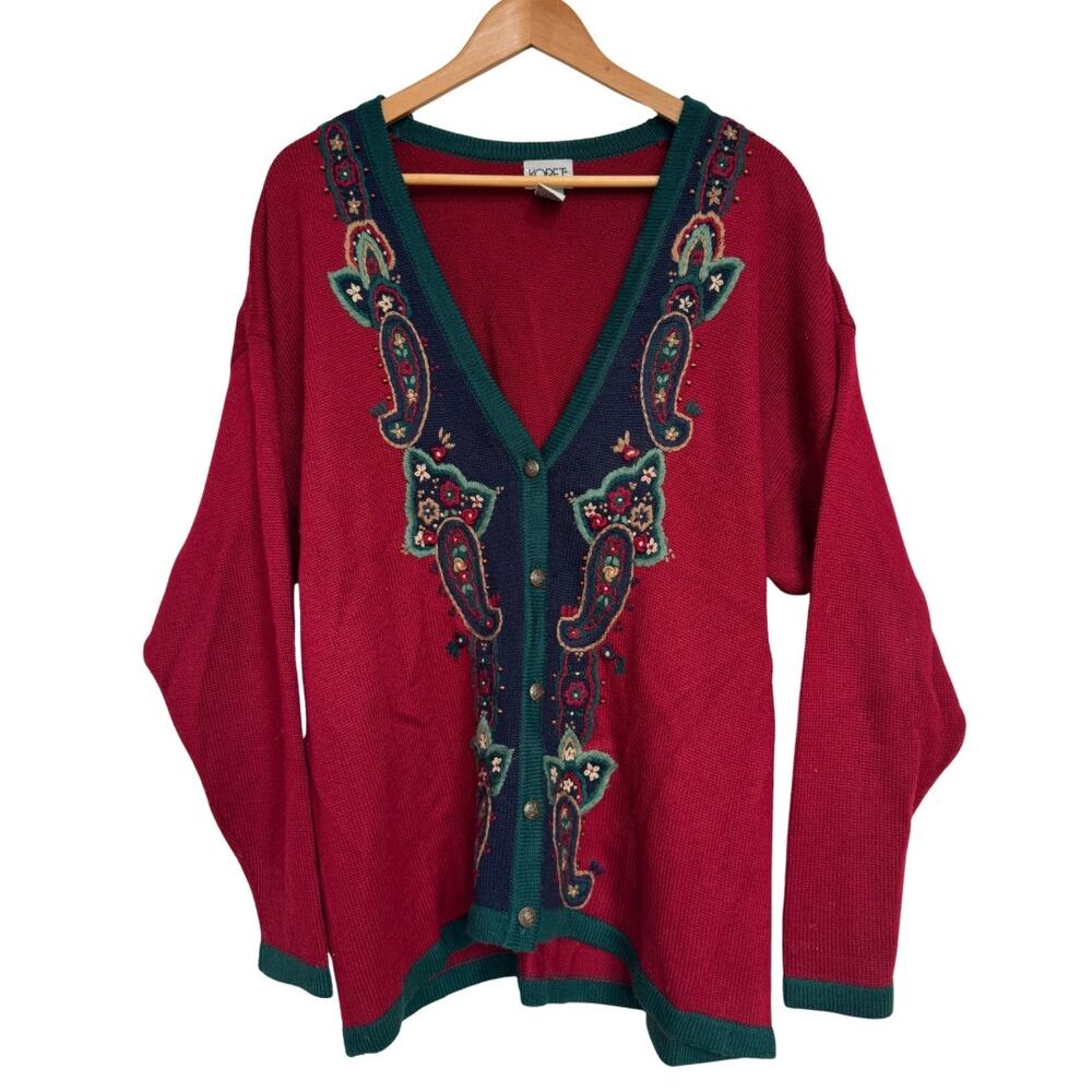 Vintage Koret Red Paisley Cardigan 1X Wool Blend Christmas Sweater Holiday